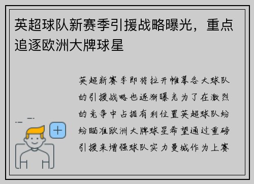 英超球队新赛季引援战略曝光，重点追逐欧洲大牌球星